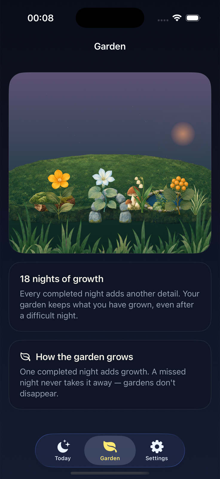 Expanded Nocala garden with plants and details from completed nights