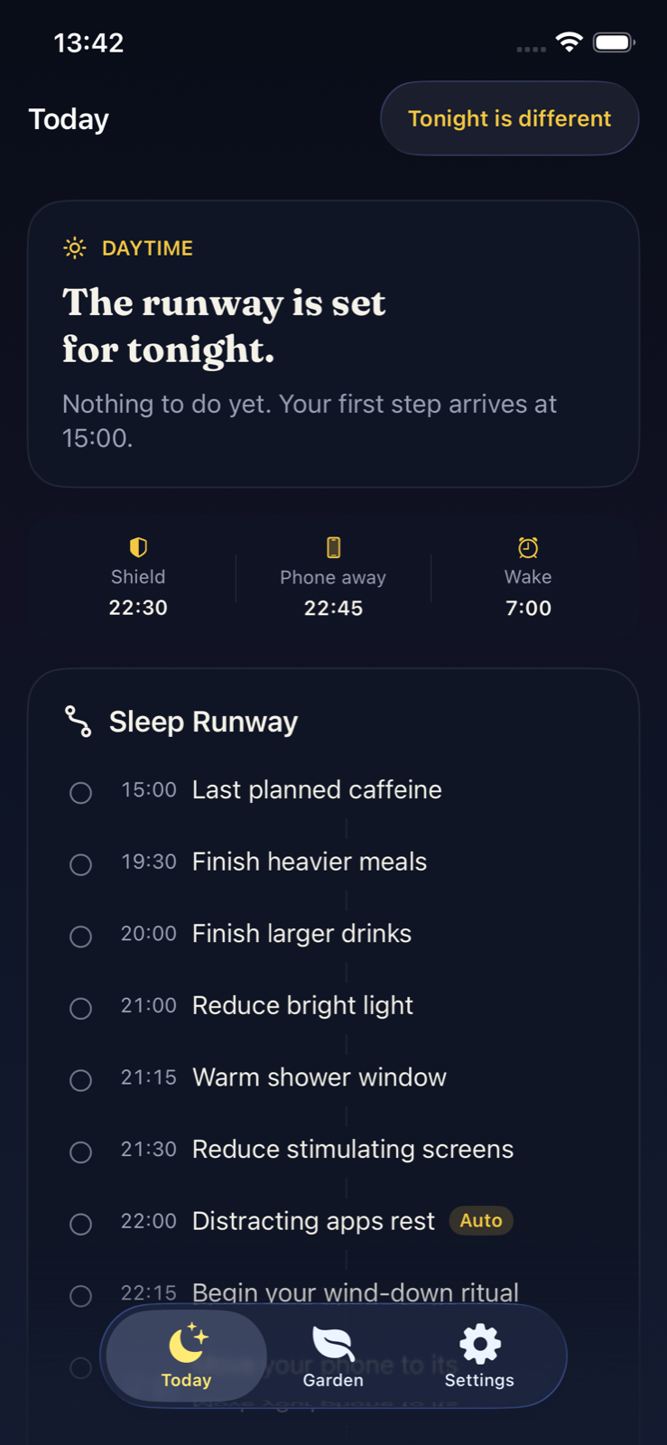 Nocala app screen showing a Sleep Runway plan and the next evening steps